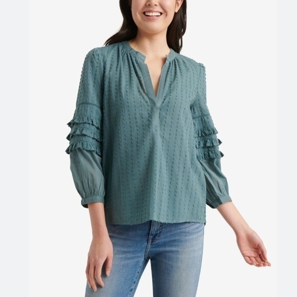 Lucky Brand Ruffle Peasant Blouse sz M NWT Green - Picture 2 of 13